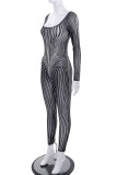 Black Sexy Striped See-through U Neck Skinny Jumpsuits