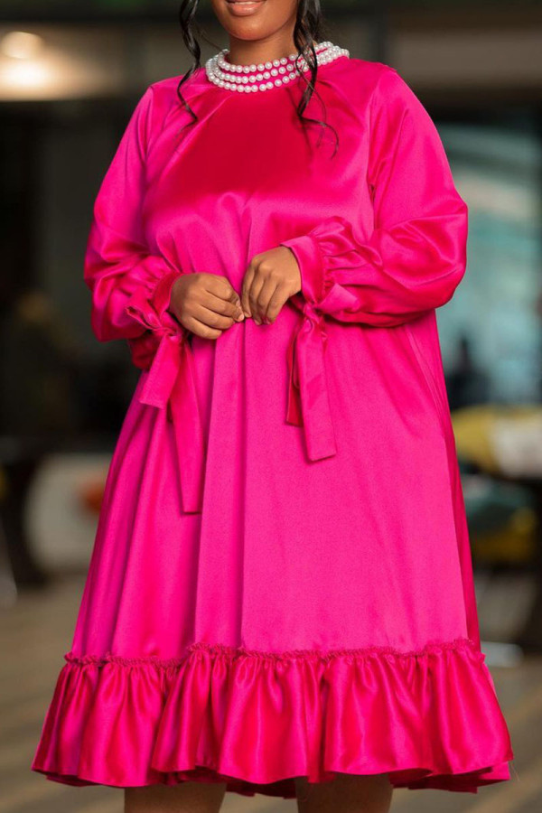 Rose Red Casual Solid Bandage Patchwork O Neck Straight Dresses