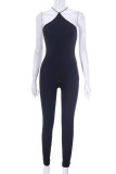 Black Sexy Solid Backless Halter Skinny Jumpsuits