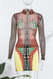 Brown Sexy Print Basic Turtleneck Long Sleeve Two Pieces