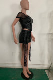 Black Fashion Solid Tassel Mesh Off the Shoulder Short Sleeve Two Pieces