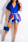 Red Casual Print Patchwork Turndown Collar Short Sleeve Two Pieces