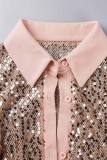Champagne Sexy Patchwork Sequins Slit Turndown Collar Short Sleeve Dress Dresses