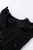Black Sexy Solid Hollowed Out See-through O Neck Long Sleeve Two Pieces