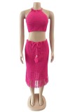 Rose Red Sexy Solid Tassel Bandage Backless O Neck Sleeveless Two Pieces