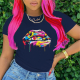 Navy Blue Casual Street Lips Printed Patchwork O Neck T-Shirts