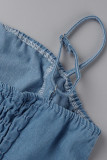 Blue Sexy Casual Solid Backless Spaghetti Strap Sleeveless Two Pieces