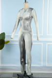 Grey Sexy Street Print Patchwork Zipper Collar Skinny Jumpsuits