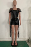 Black Fashion Solid Tassel Mesh Off the Shoulder Short Sleeve Two Pieces