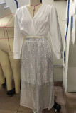 White Elegant Solid Sequins Patchwork V Neck Long Sleeve Two Pieces(Without Belt)