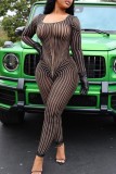 Black Sexy Striped See-through U Neck Skinny Jumpsuits