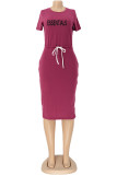 Fuchsia Casual Print Letter O Neck One Step Skirt Dresses