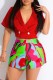 Red Casual Print Patchwork Turndown Collar Short Sleeve Two Pieces