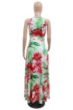 Green Sexy Casual Print Patchwork Slit V Neck Skinny Rompers