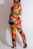 Multicolor Casual Print Patchwork O Neck Short Sleeve Two Pieces