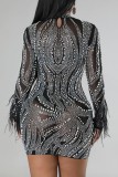 Green Sexy Patchwork Hot Drilling See-through Half A Turtleneck Long Sleeve Dresses