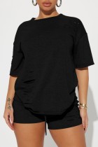 Black Casual Solid Ripped Short Sleeve Two Pieces