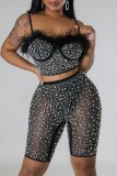 Pink Sexy Patchwork Hot Drilling Backless Spaghetti Strap Sleeveless Two Pieces