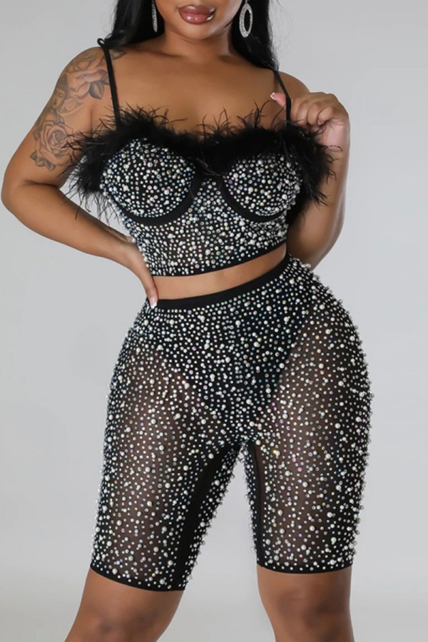 Black Sexy Patchwork Hot Drilling Backless Spaghetti Strap Sleeveless Two Pieces