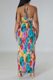 Multicolor Sexy Print Bandage Backless Halter One Step Skirt Dresses