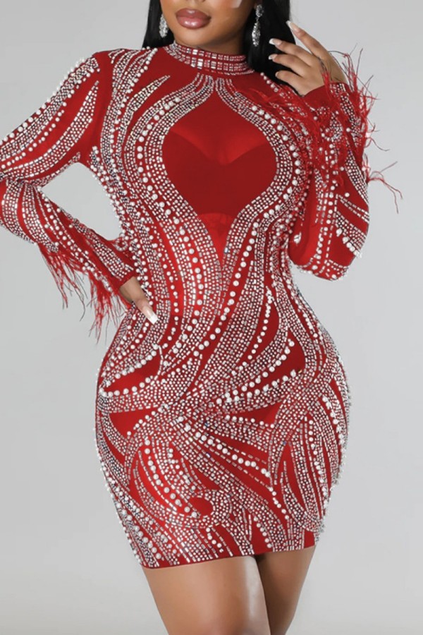 Red Sexy Patchwork Hot Drilling See-through Half A Turtleneck Long Sleeve Dresses