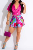Red Casual Print Patchwork Turndown Collar Short Sleeve Two Pieces