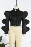 Black Casual Solid Patchwork O Neck Tops