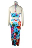Multicolor Sexy Print Bandage Backless Halter One Step Skirt Dresses