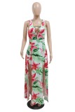 Green Sexy Casual Print Patchwork Slit V Neck Skinny Rompers
