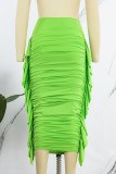 Green Casual Solid Patchwork Fold Skinny High Waist Conventional Solid Color Skirts