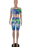 Royal Blue Casual Print Tie Dye Patchwork Draw String Off the Shoulder Short Sleeve Two Pieces