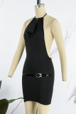 Black Sexy Solid Bandage Hollowed Out Backless O Neck Sleeveless Dress Dresses