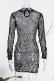 Green Sexy Patchwork Hot Drilling See-through Half A Turtleneck Long Sleeve Dresses