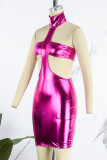 Silver Sexy Solid Patchwork Backless Asymmetrical Turtleneck Sleeveless Dress Dresses