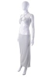 Grey Sexy Solid Bandage Backless Halter Sleeveless Two Pieces
