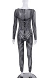 Black Sexy Striped See-through U Neck Skinny Jumpsuits