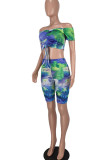 Royal Blue Casual Print Tie Dye Patchwork Draw String Off the Shoulder Short Sleeve Two Pieces