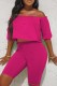 Rose Red Casual Solid Patchwork Off the Shoulder Half Sleeve Two Pieces