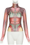 Red Sexy Street Print Patchwork Turtleneck Tops
