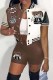 Coffee Casual Print Patchwork Short Sleeve Two Pieces