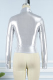 Silver Sexy Solid Basic Turtleneck Tops