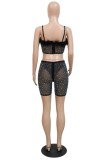 Pink Sexy Patchwork Hot Drilling Backless Spaghetti Strap Sleeveless Two Pieces