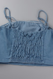 Blue Sexy Casual Solid Backless Spaghetti Strap Sleeveless Two Pieces
