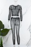 Black Sexy Solid Hollowed Out See-through O Neck Long Sleeve Two Pieces
