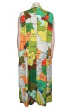 Green Casual Print Patchwork Shirt Collar Long Dress Dresses