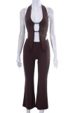 Brown Sexy Solid Bandage Backless Halter Sleeveless Two Pieces