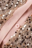 Champagne Sexy Patchwork Sequins Slit Turndown Collar Short Sleeve Dress Dresses