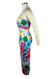Multicolor Sexy Print Bandage Backless Halter One Step Skirt Dresses