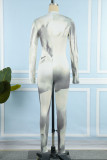 Grey Sexy Street Print Patchwork Zipper Collar Skinny Jumpsuits