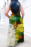 Green Casual Print Patchwork Shirt Collar Long Dress Dresses